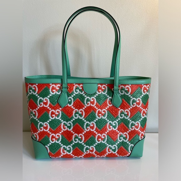 NWT GUCCI Ophidia Miami Straw Medium Straw tote bag GG Raffia - Picture 4 of 12